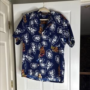 Vintage hawaiin Navy Leaf Print Men's Shirt. Large.  Roundy Bay
